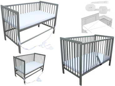 Kinderbett - Beistellbett - Babybett 120x60cm mit Matratze, Gurt und Rädern grau